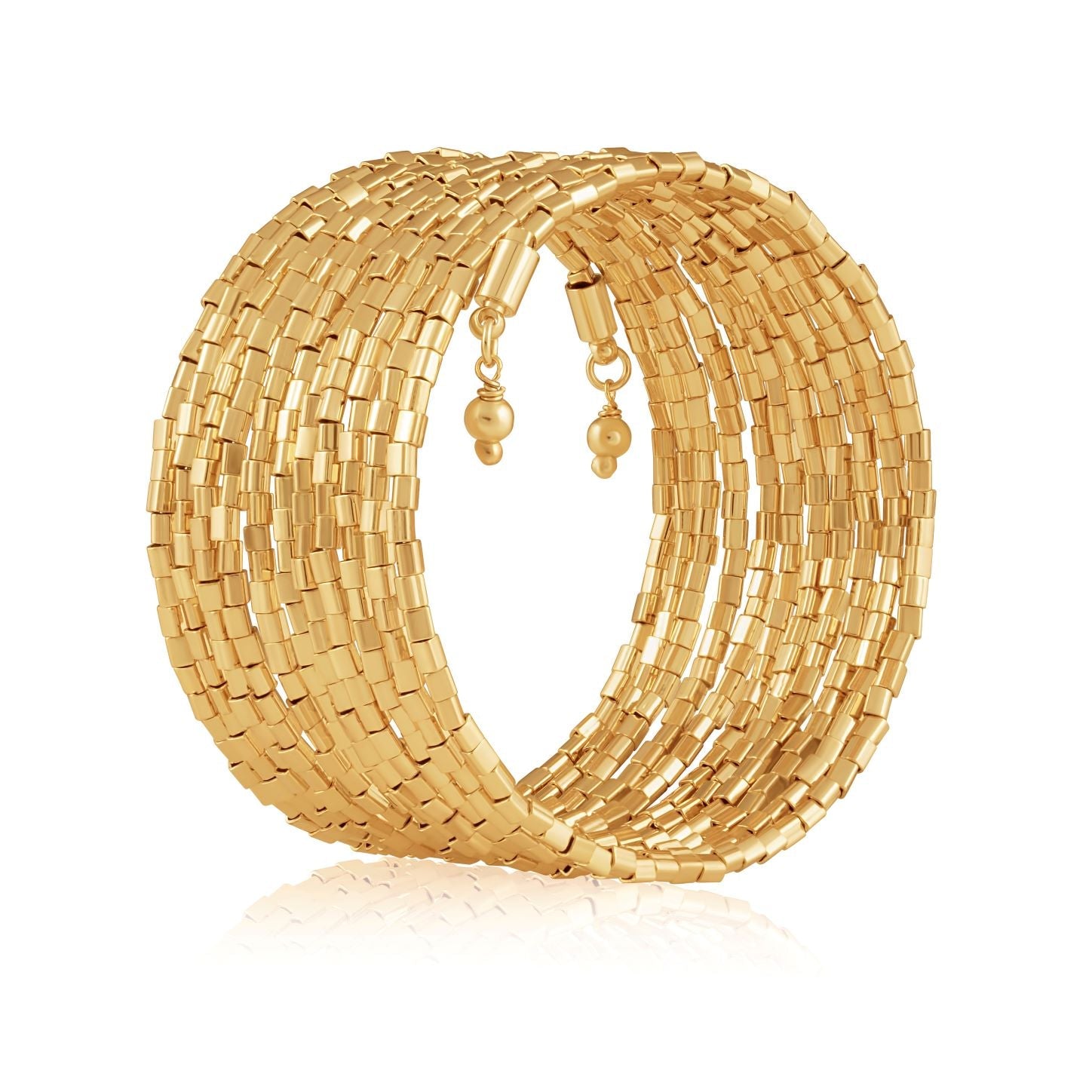 Amina Wrap Bracelet featuring 10 rows of Brazilian Gold beads, elegantly designed for a stylish look.