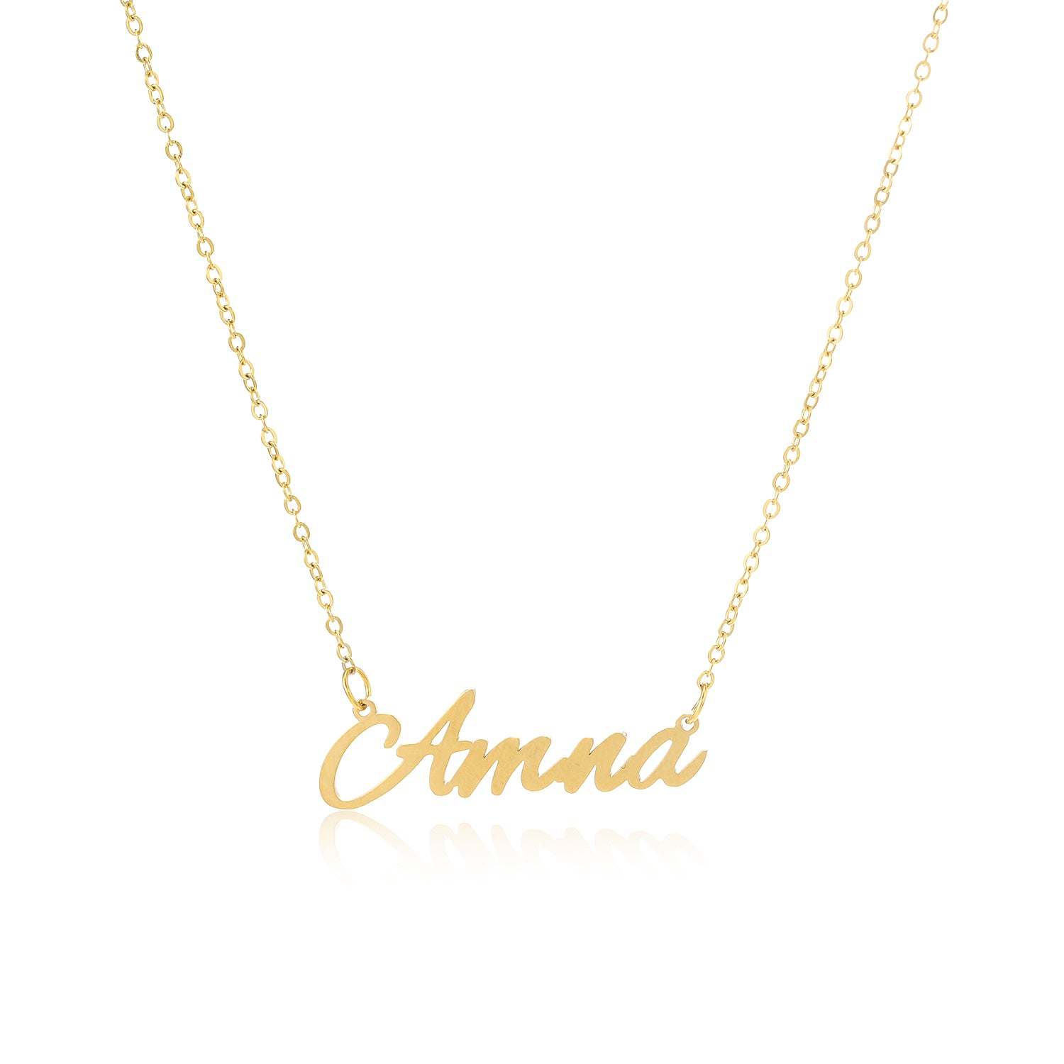 Amna Name Necklace in radiant gold plating, crafted from tarnish-free stainless steel with an adjustable chain.