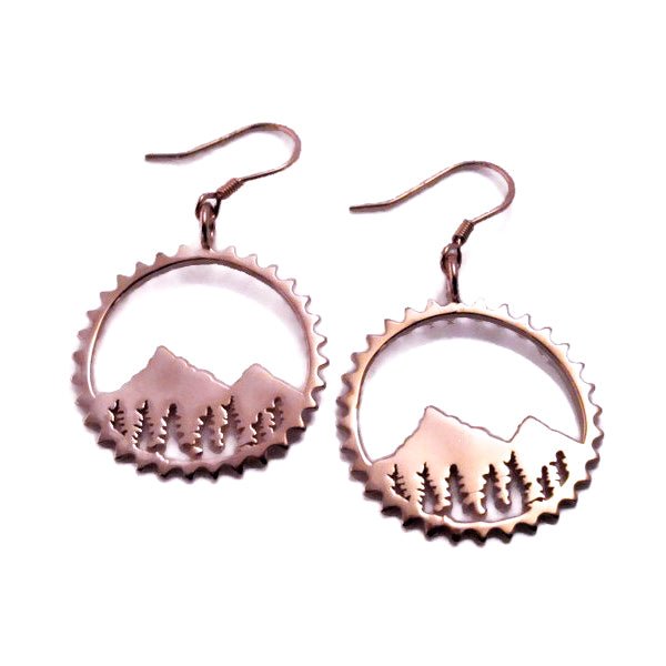 Sterling silver Amore Mountain Earrings featuring a mountainscape design on a chain, with shepherd hooks and silicone backings.