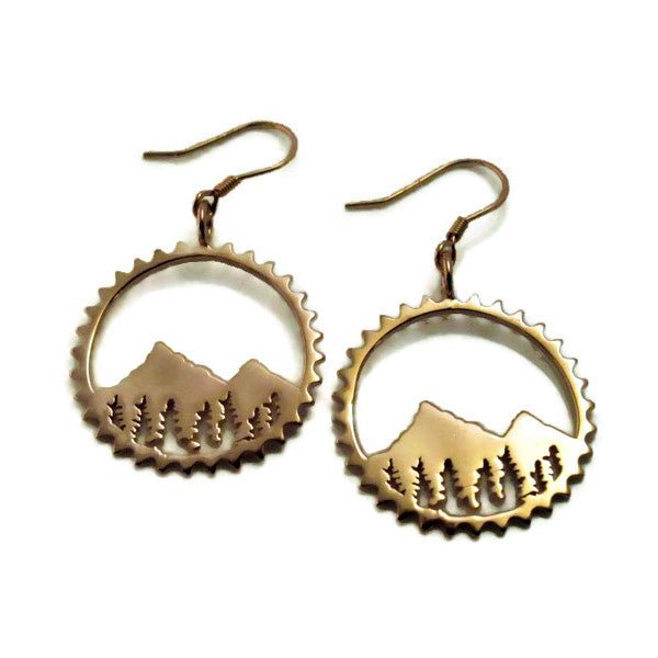 Sterling silver Amore Mountain Earrings featuring a mountainscape design on a chain, with shepherd hooks and silicone backings.