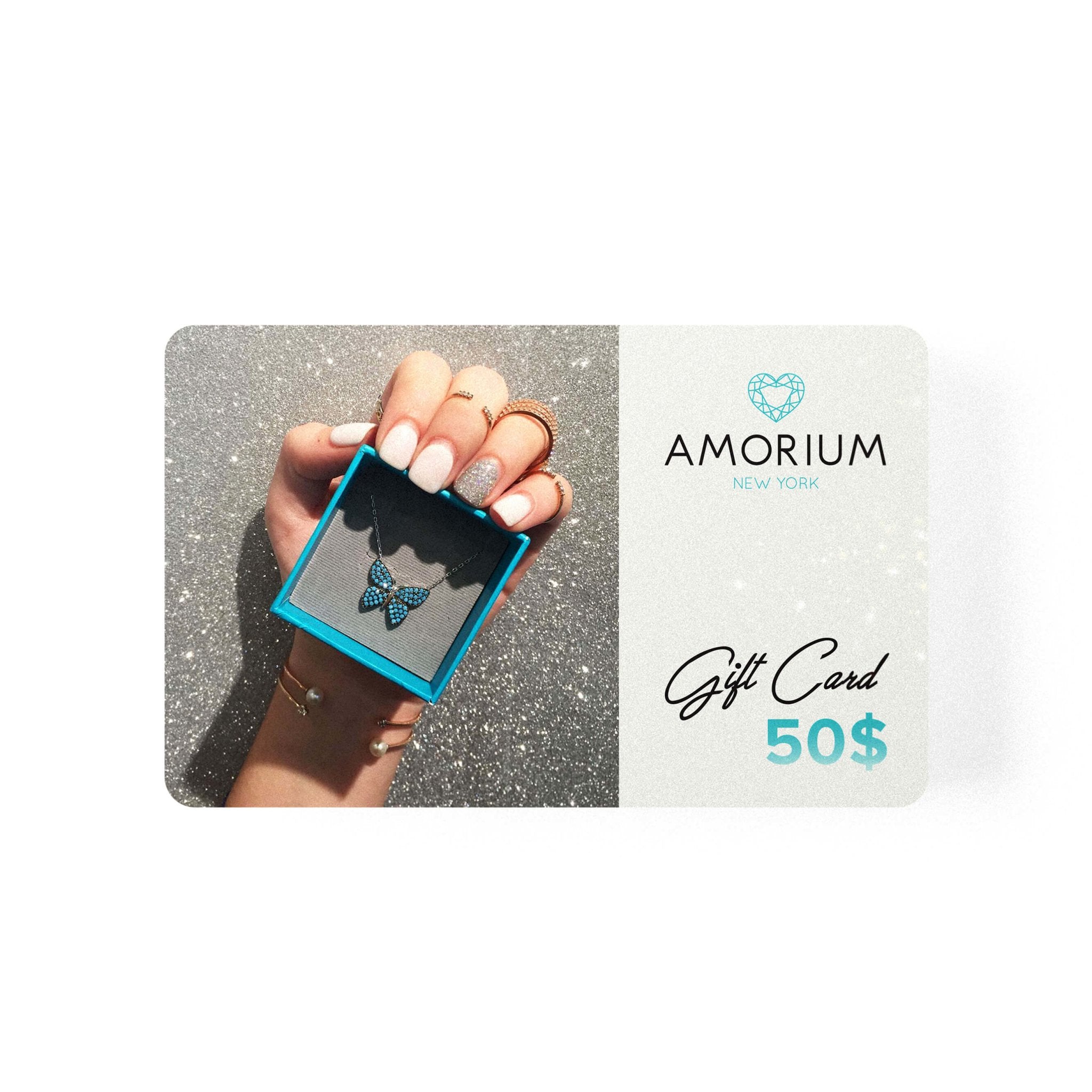 Amorium Gift Cards displayed with a stylish design, featuring a $50 denomination, perfect for gifting.