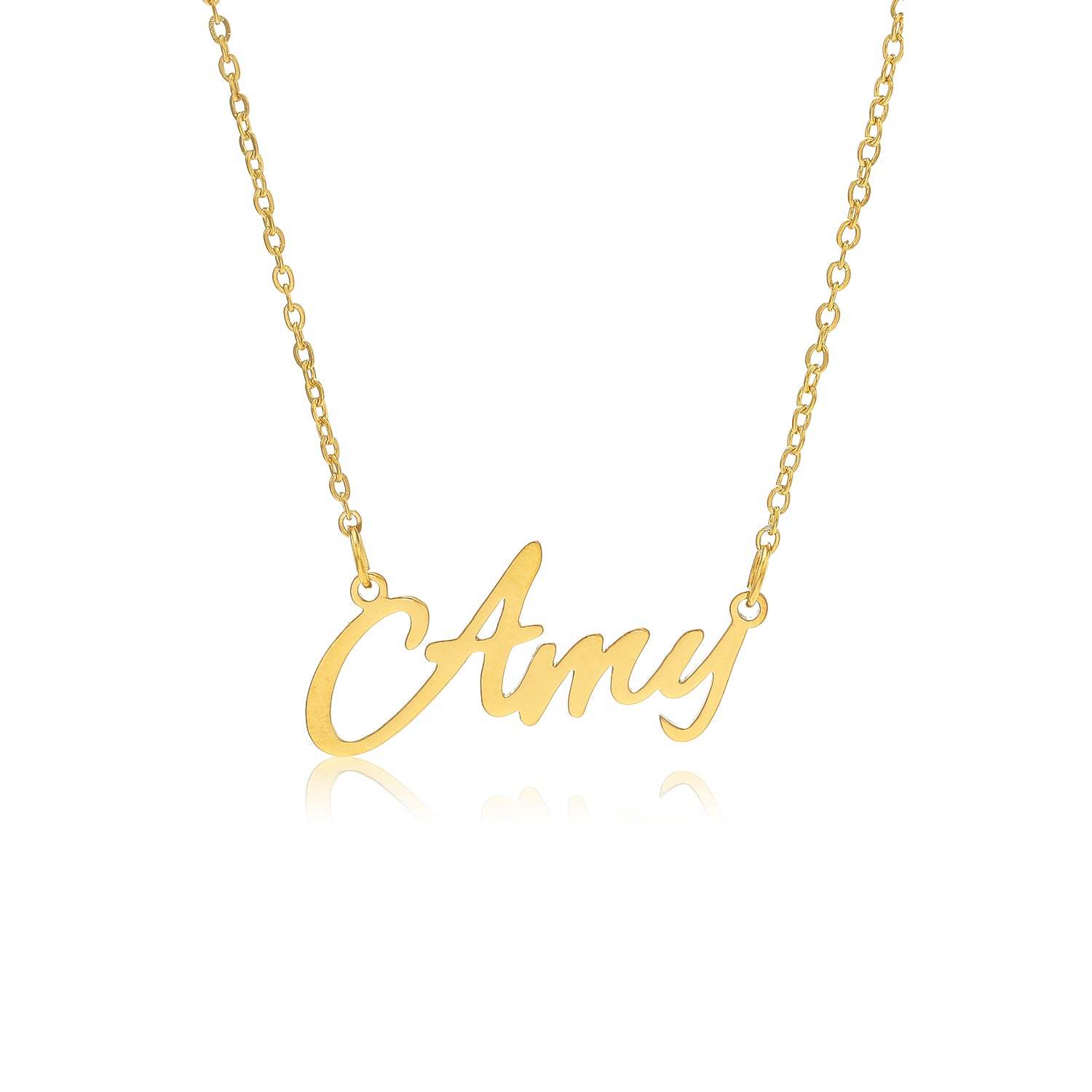 A beautiful Amy Name Necklace made of tarnish-free stainless steel, featuring an elegant design with the name 'Amy' in stylish lettering.