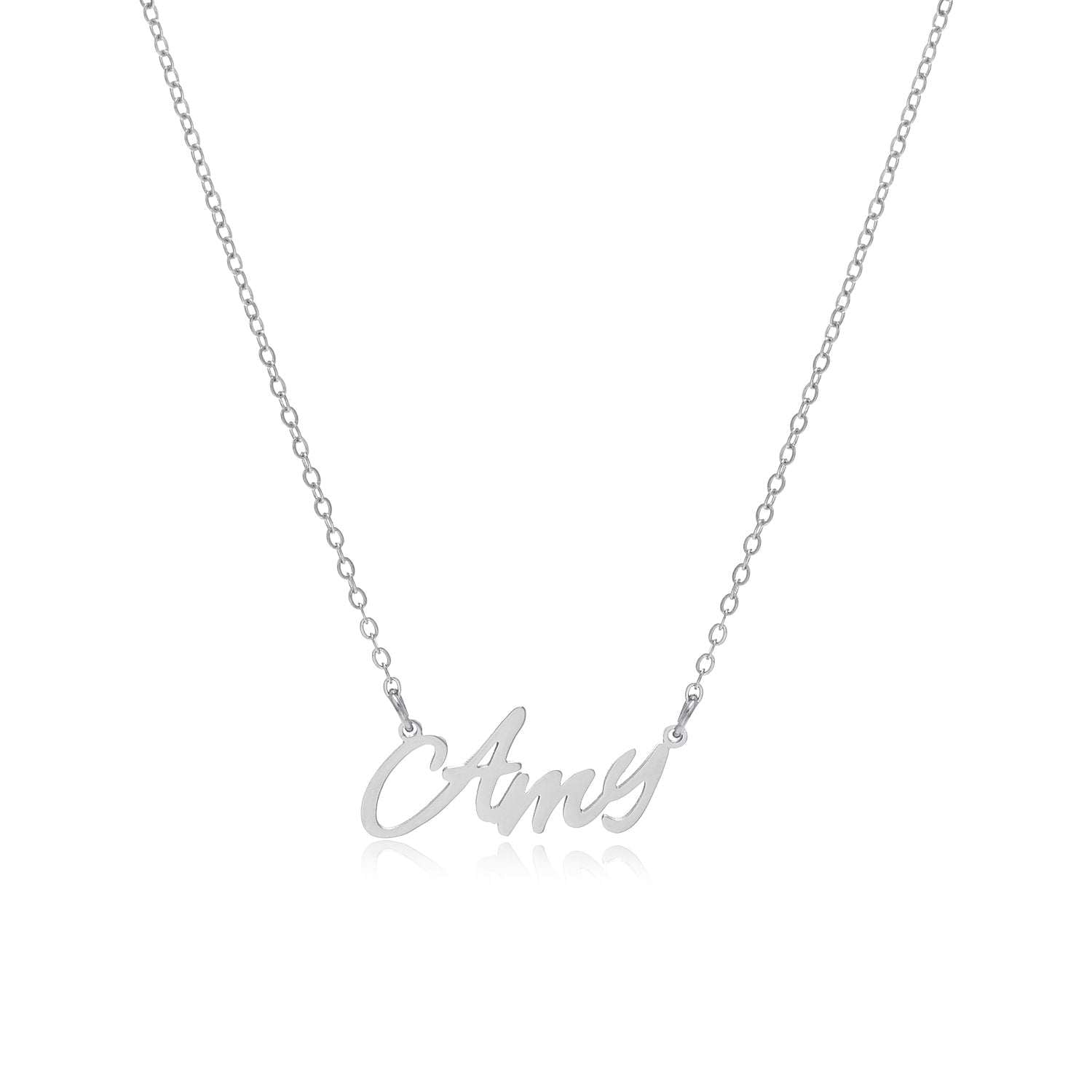 A beautiful Amy Name Necklace made of tarnish-free stainless steel, featuring an elegant design with the name 'Amy' in stylish lettering.