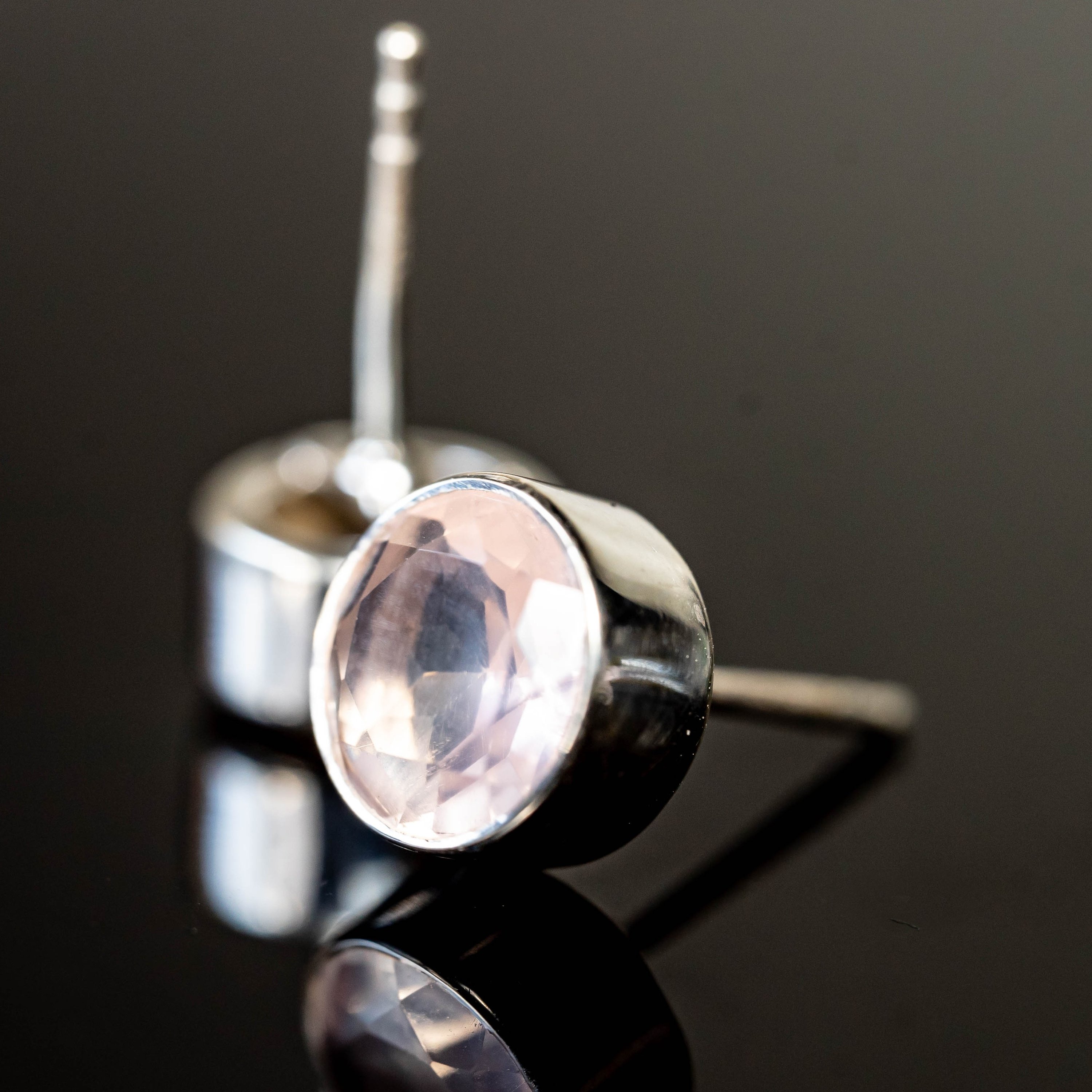 A pair of elegant Amy Rose Quartz Round Studs made from 925 sterling silver with 8 mm rose quartz stones, showcasing their unique handmade quality.