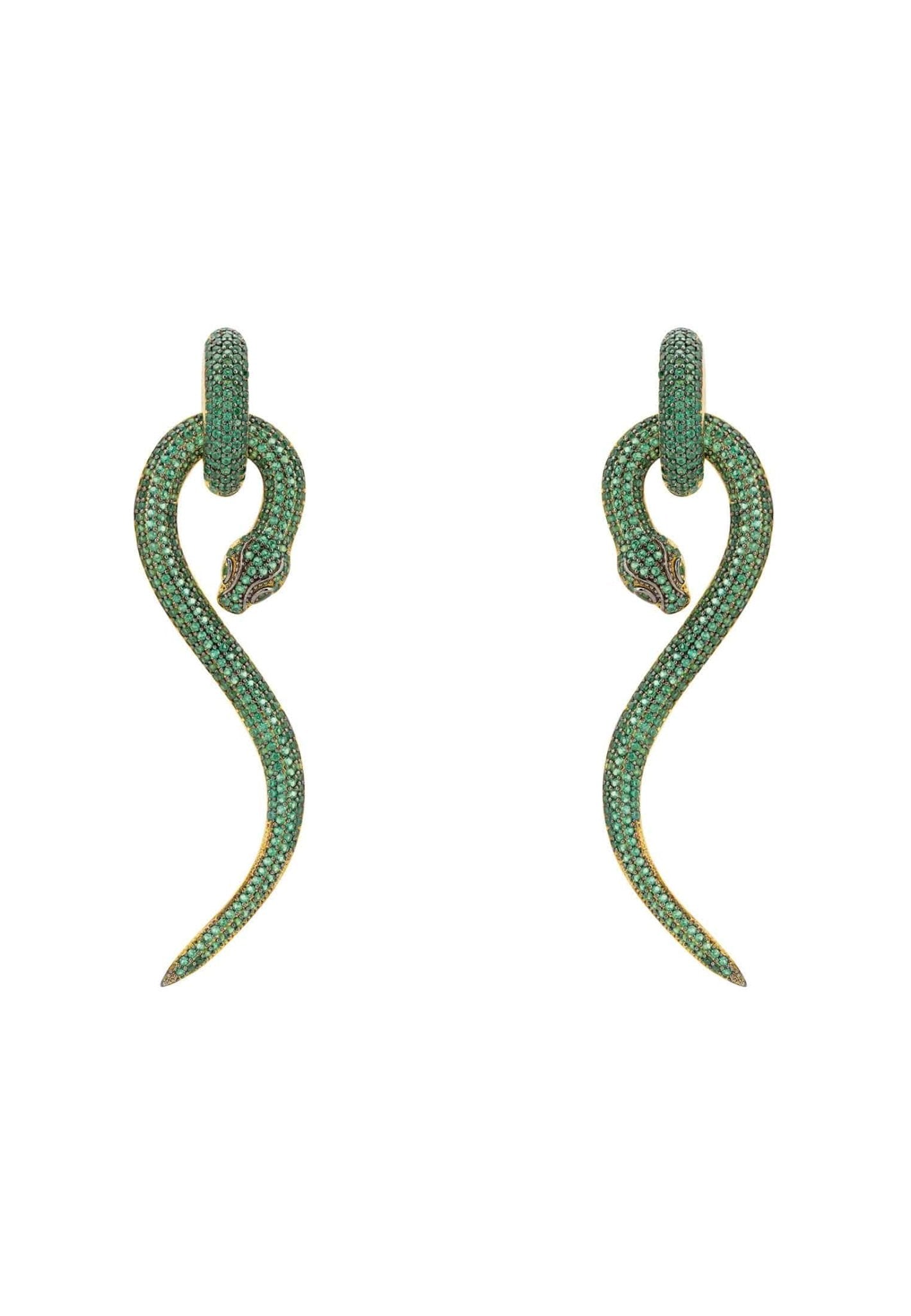 Anaconda snake drop earrings in gold with emerald cubic zirconia, showcasing a unique and elegant design.