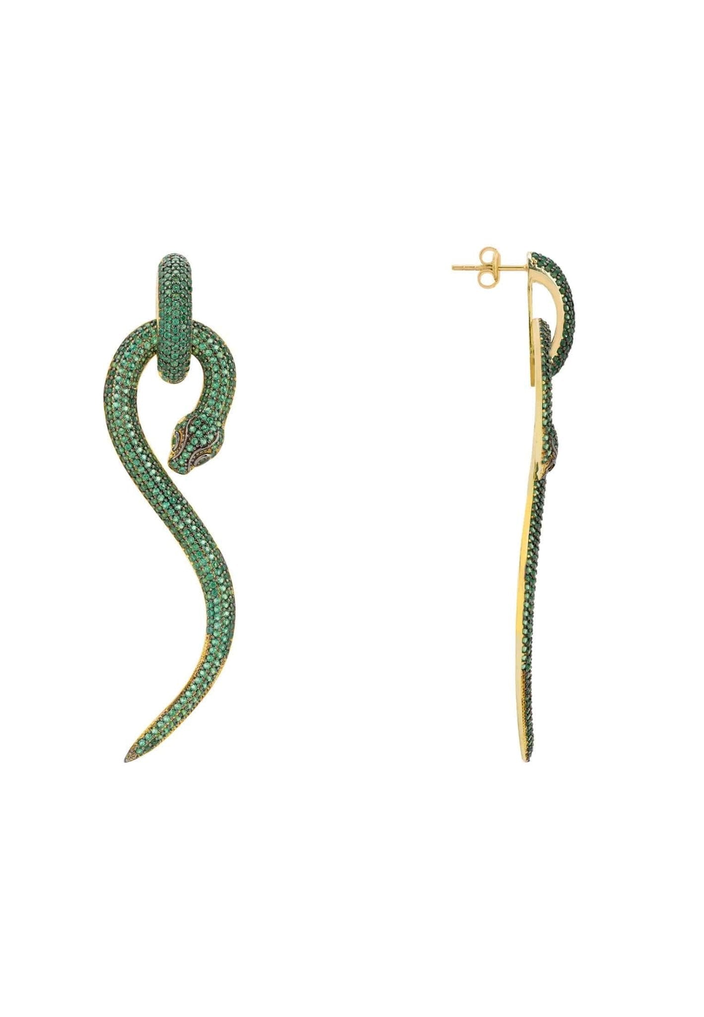 Anaconda snake drop earrings in gold with emerald cubic zirconia, showcasing a unique and elegant design.