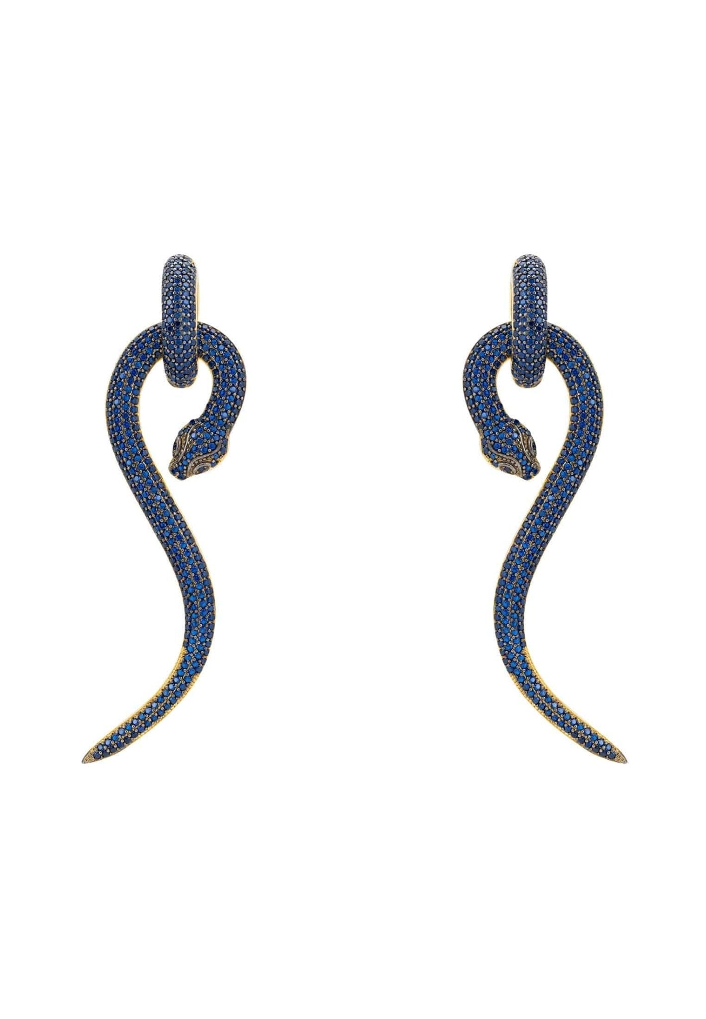 Anaconda snake drop earrings in gold with sapphire accents, showcasing intricate design and craftsmanship.