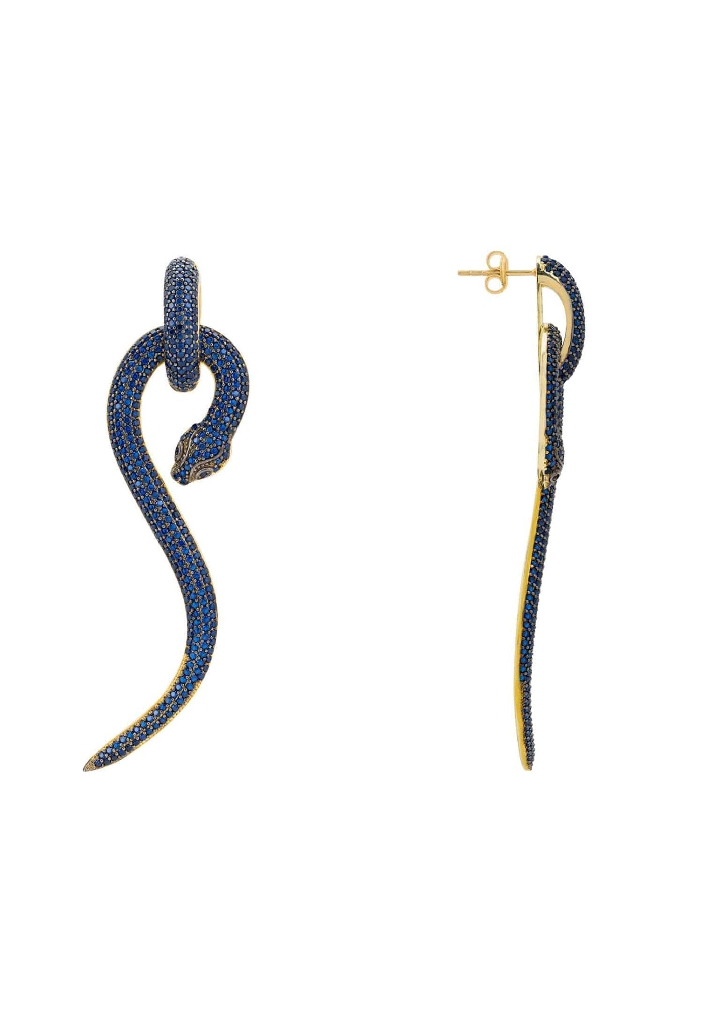 Anaconda snake drop earrings in gold with sapphire accents, showcasing intricate design and craftsmanship.