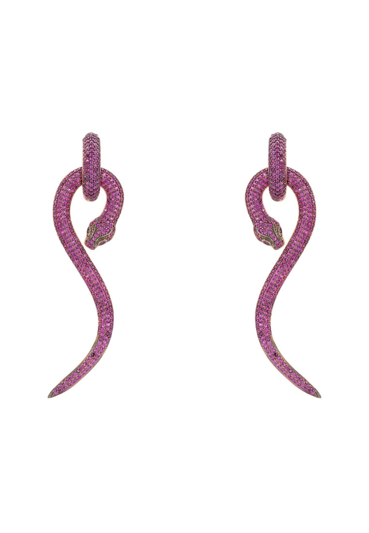 Anaconda Snake Drop Earrings in rosegold featuring ruby cubic zirconia, showcasing a bold snake design.