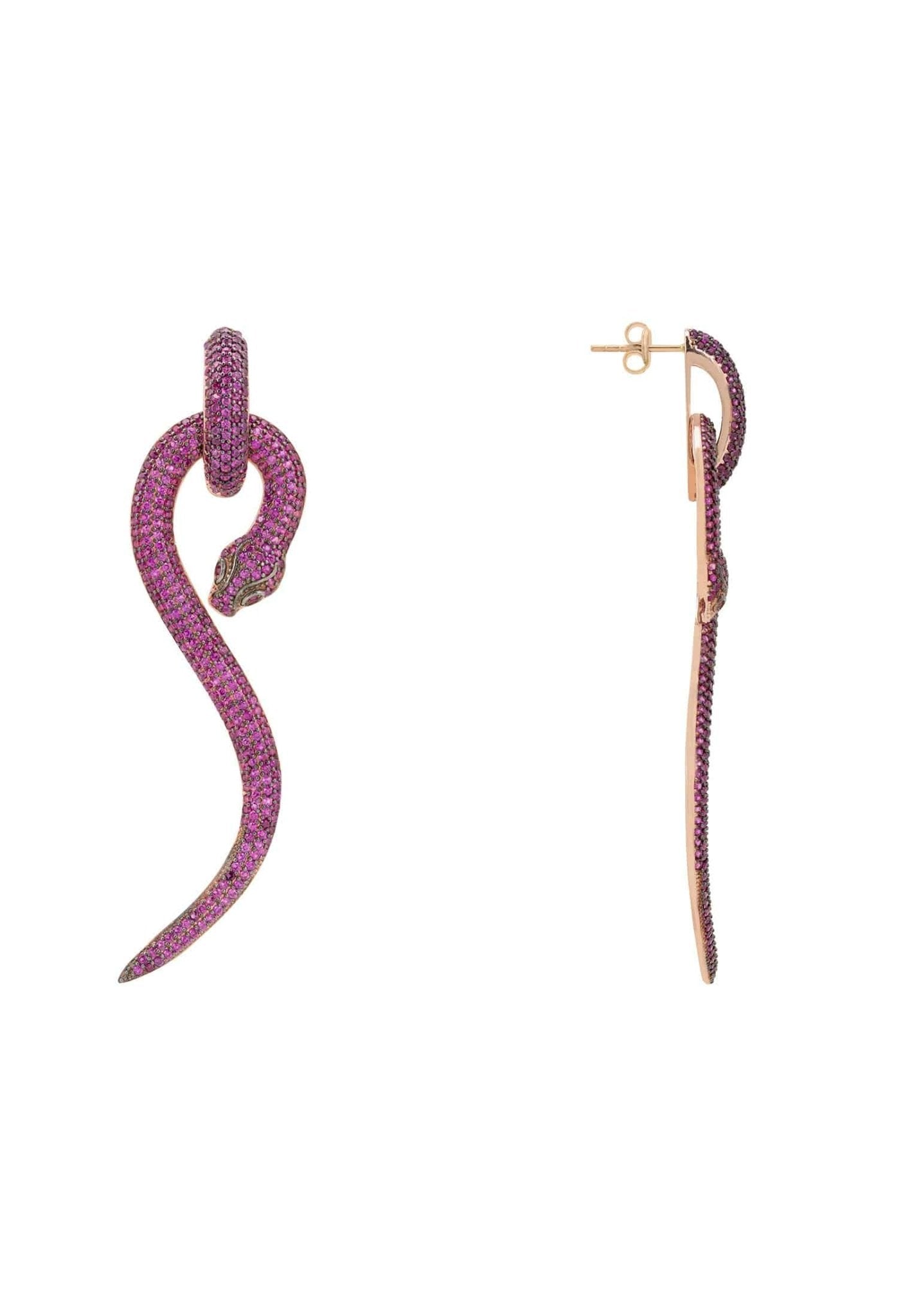 Anaconda Snake Drop Earrings in rosegold featuring ruby cubic zirconia, showcasing a bold snake design.