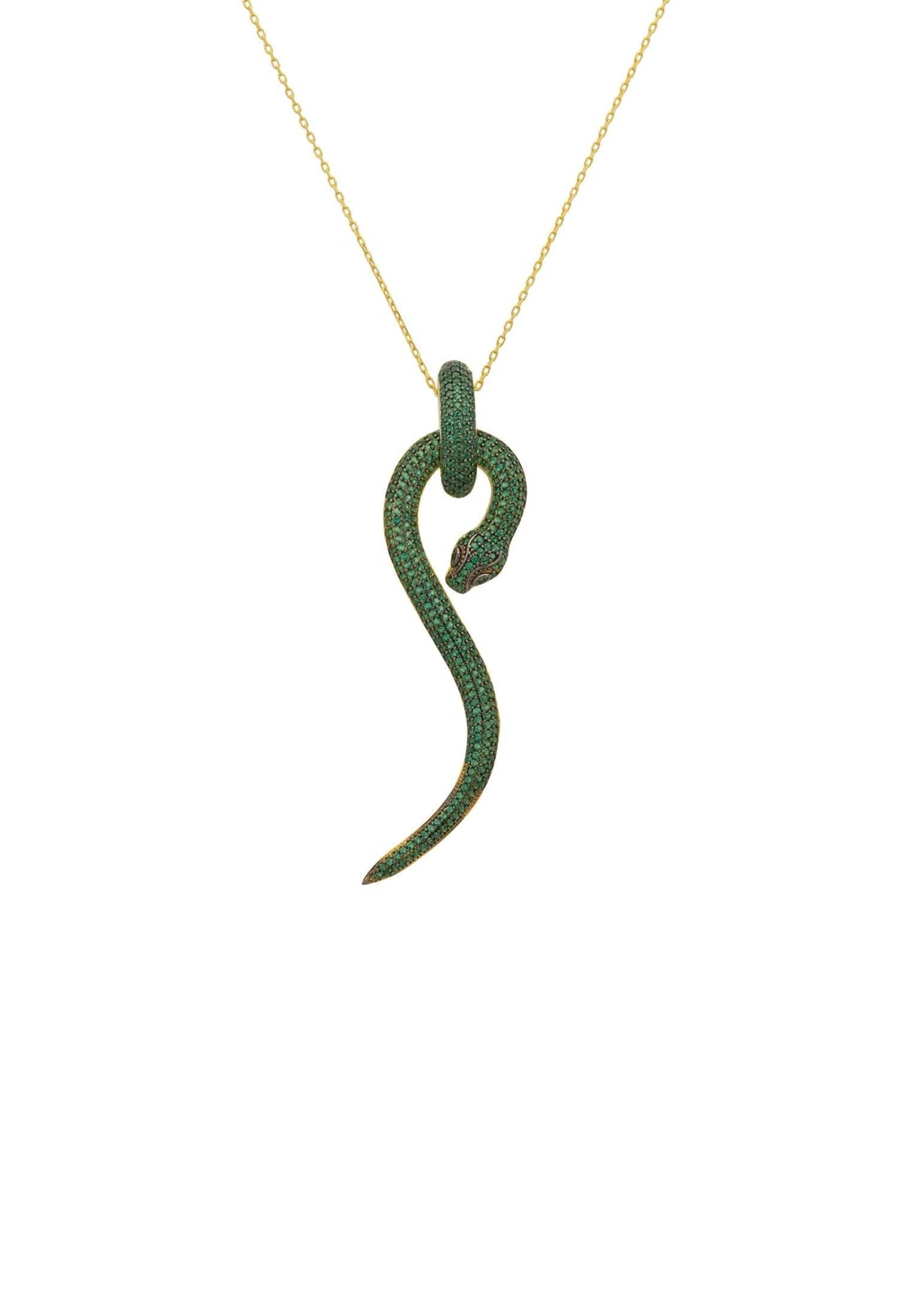 Anaconda Snake Pendant Necklace in gold with emerald zircons, featuring a detailed snake design and adjustable chain.