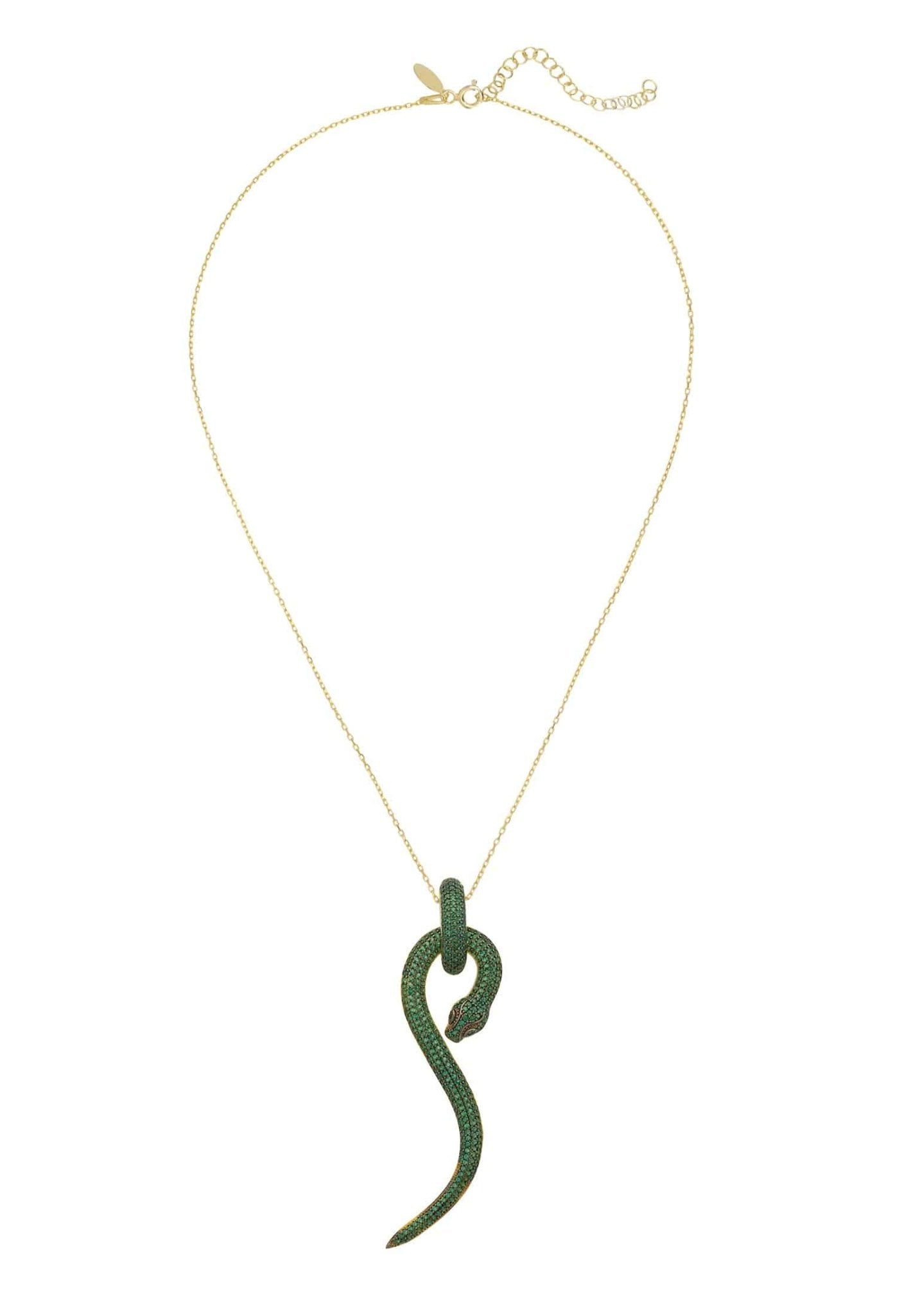 Anaconda Snake Pendant Necklace in gold with emerald zircons, featuring a detailed snake design and adjustable chain.