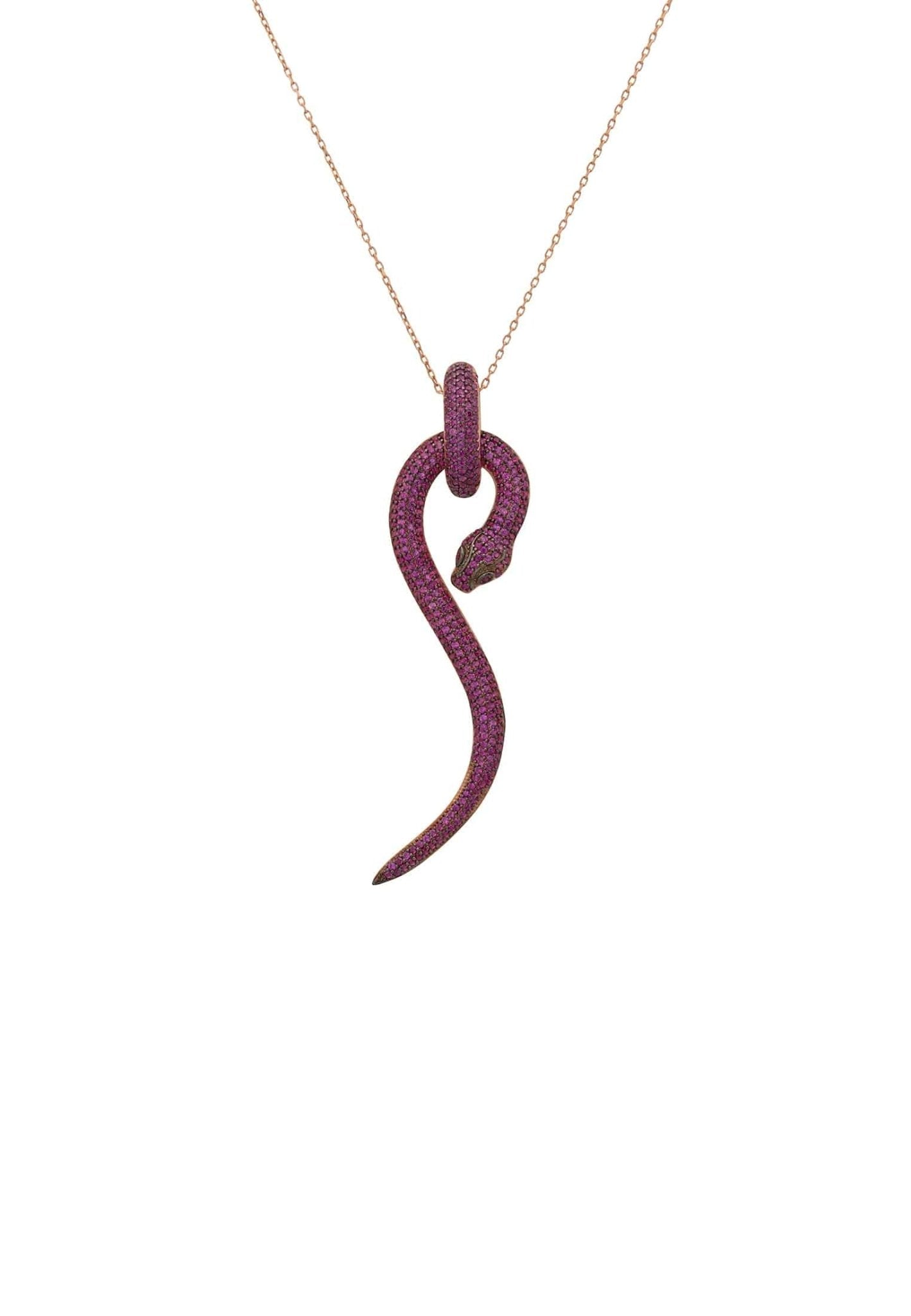 Anaconda Snake Pendant Necklace in rosegold with ruby zircons, showcasing intricate design and luxurious materials.