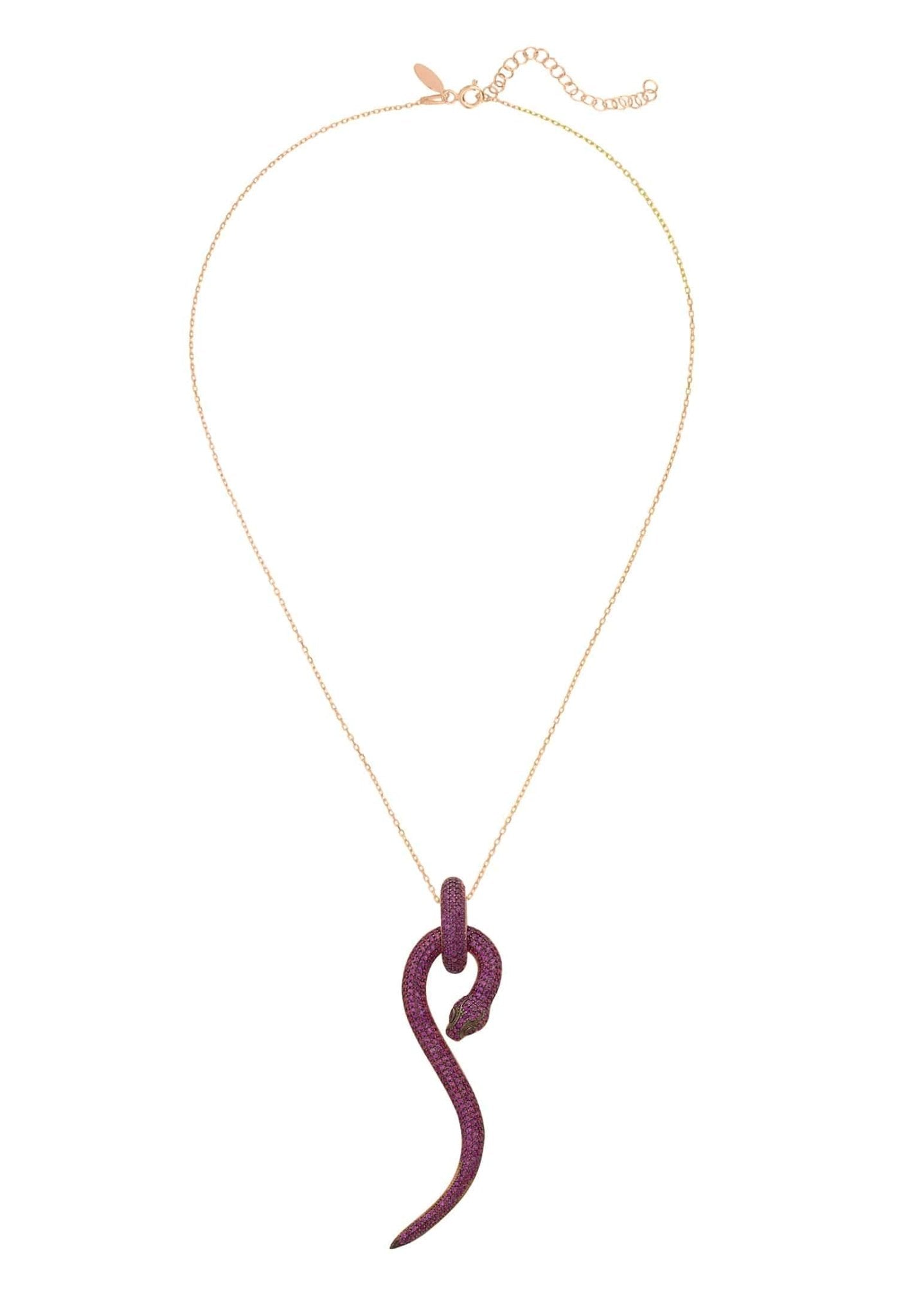 Anaconda Snake Pendant Necklace in rosegold with ruby zircons, showcasing intricate design and luxurious materials.