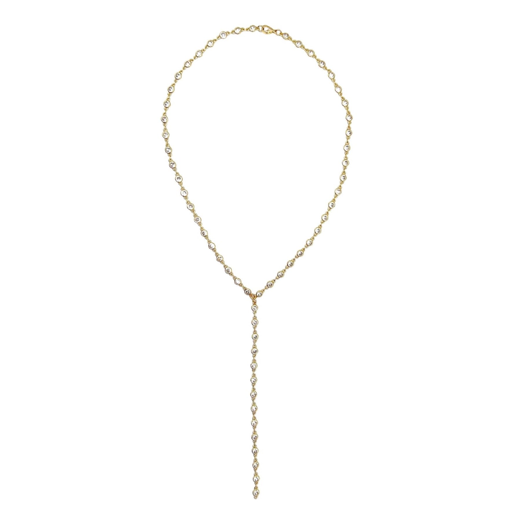 Anastasia Cz Lariat necklace featuring sparkling cz stones and 18k gold plating, elegantly designed for versatile wear.