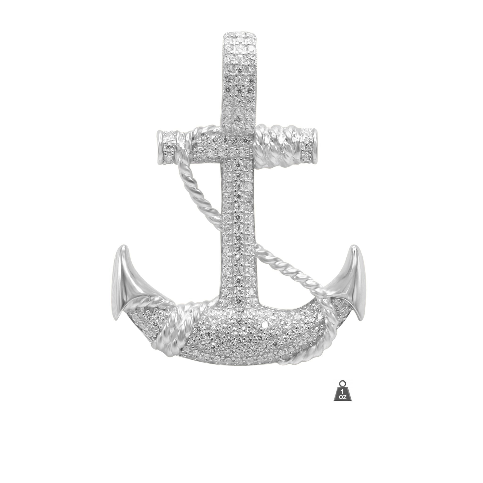 Elegant anchor pendant crafted from 925 sterling silver with high-quality CZ stones, measuring 1.75 inches tall and 1.25 inches wide.