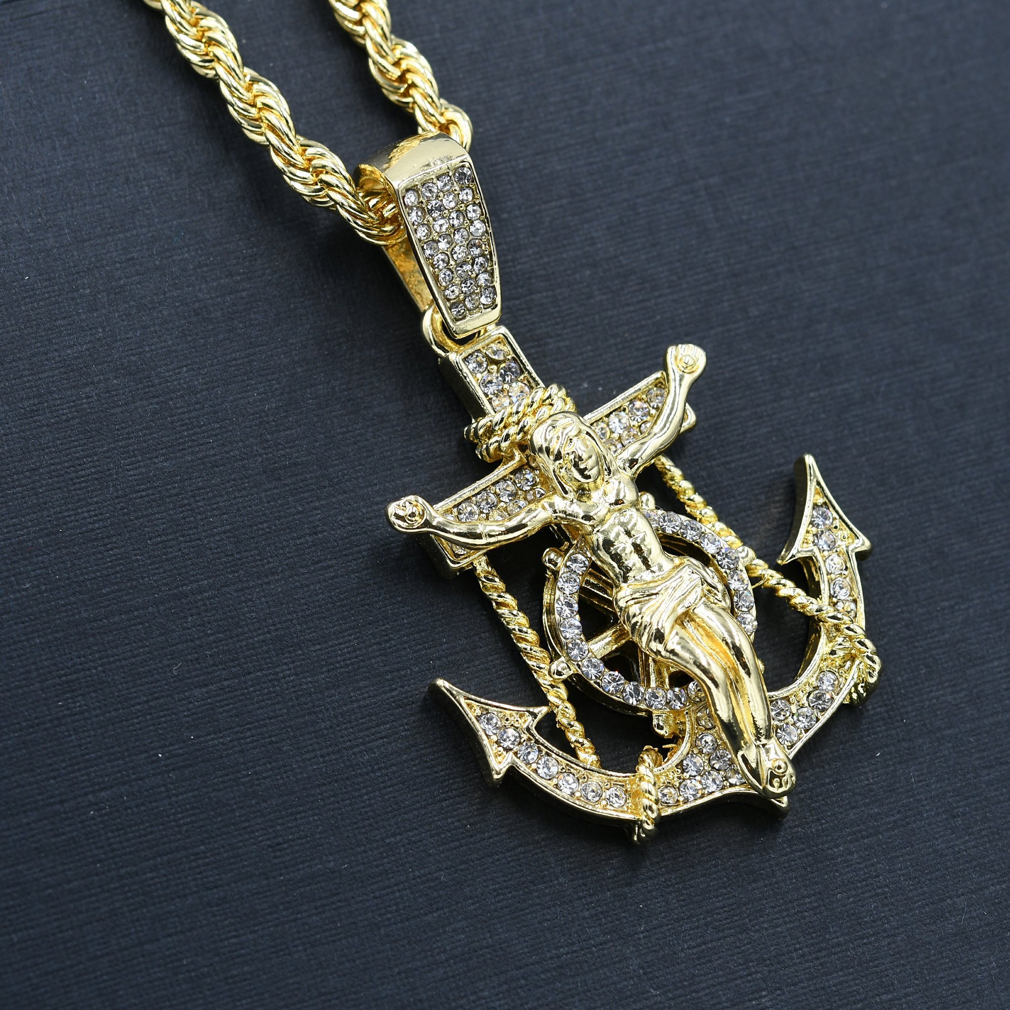 ANCHOR Necklace Hip Hop featuring a crystal stone studded pendant and a 24'' rope chain, perfect for bold fashion statements.