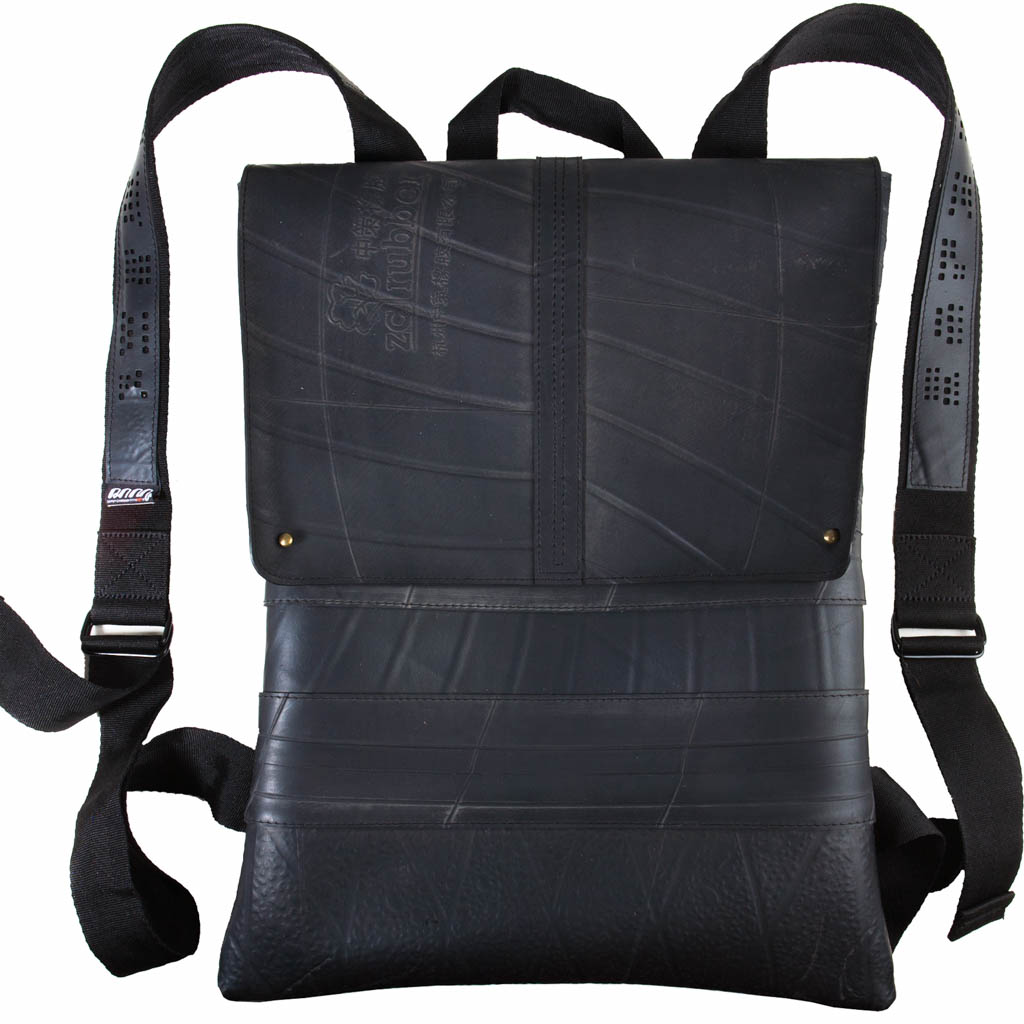 Ando Slimline Inner Tube Vegan Backpack made from recycled rubber, featuring adjustable straps and a button fastening flap.