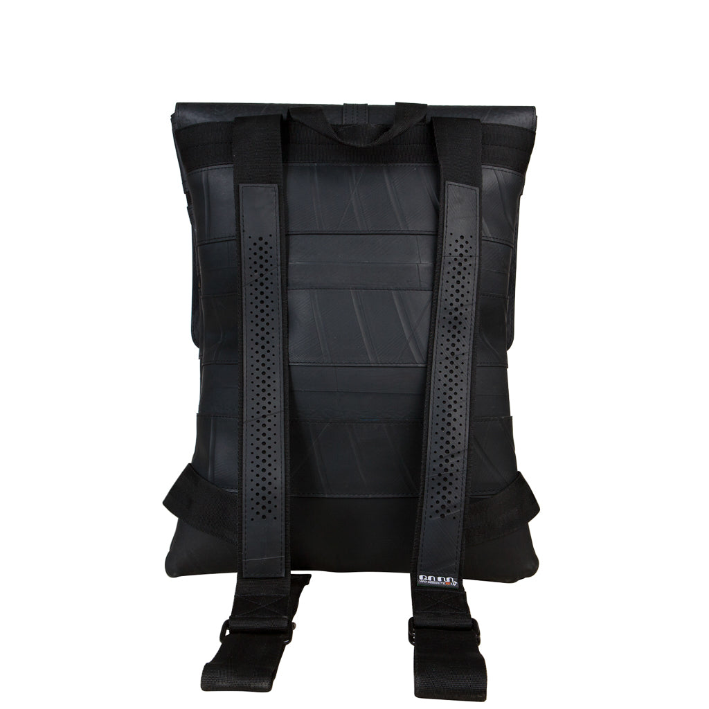 Ando Slimline Inner Tube Vegan Backpack made from recycled rubber, featuring adjustable straps and a button fastening flap.