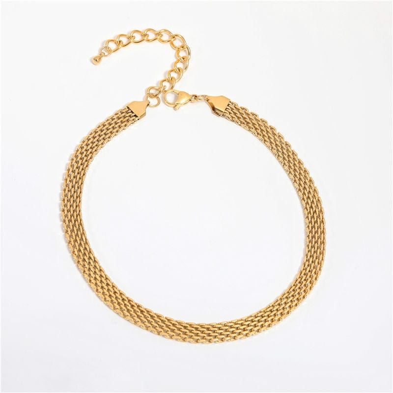 Andreas Mesh Chain Necklace in Gold, featuring a wide woven design made of stainless steel with 18K gold plating, showcasing elegance and durability.