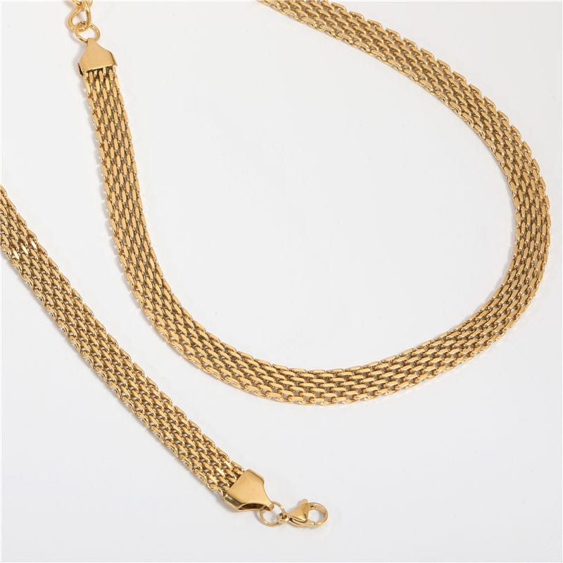 Andreas Mesh Chain Necklace in Gold, featuring a wide woven design made of stainless steel with 18K gold plating, showcasing elegance and durability.