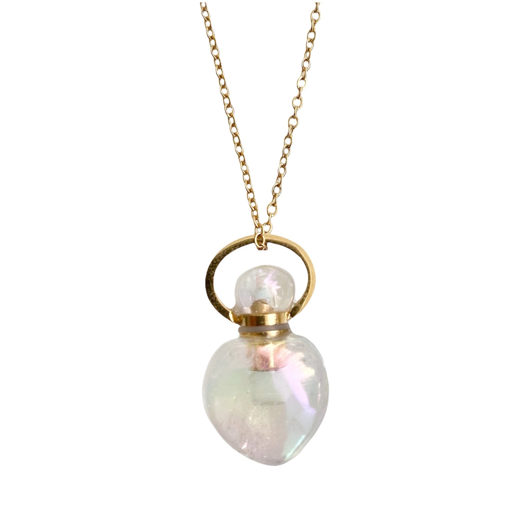 Angel Aura Aroma Gem Necklace featuring a teardrop pendant made of angel aura quartz, designed to hold essential oils.