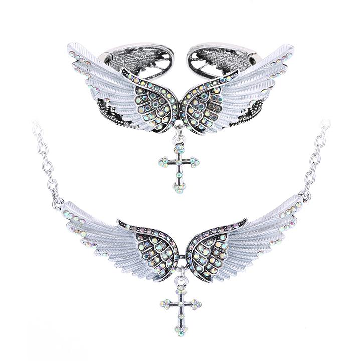 Angel wing cross necklace and bracelet set for women, featuring intricate designs in zinc alloy and crystal accents, perfect for biker jewelry lovers.