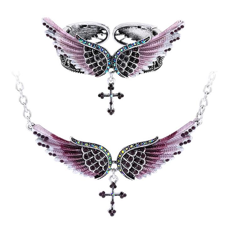 Angel wing cross necklace and bracelet set for women, featuring intricate designs in zinc alloy and crystal accents, perfect for biker jewelry lovers.