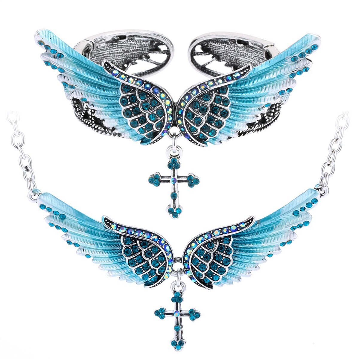 Angel wing cross necklace and bracelet set for women, featuring intricate designs in zinc alloy and crystal accents, perfect for biker jewelry lovers.