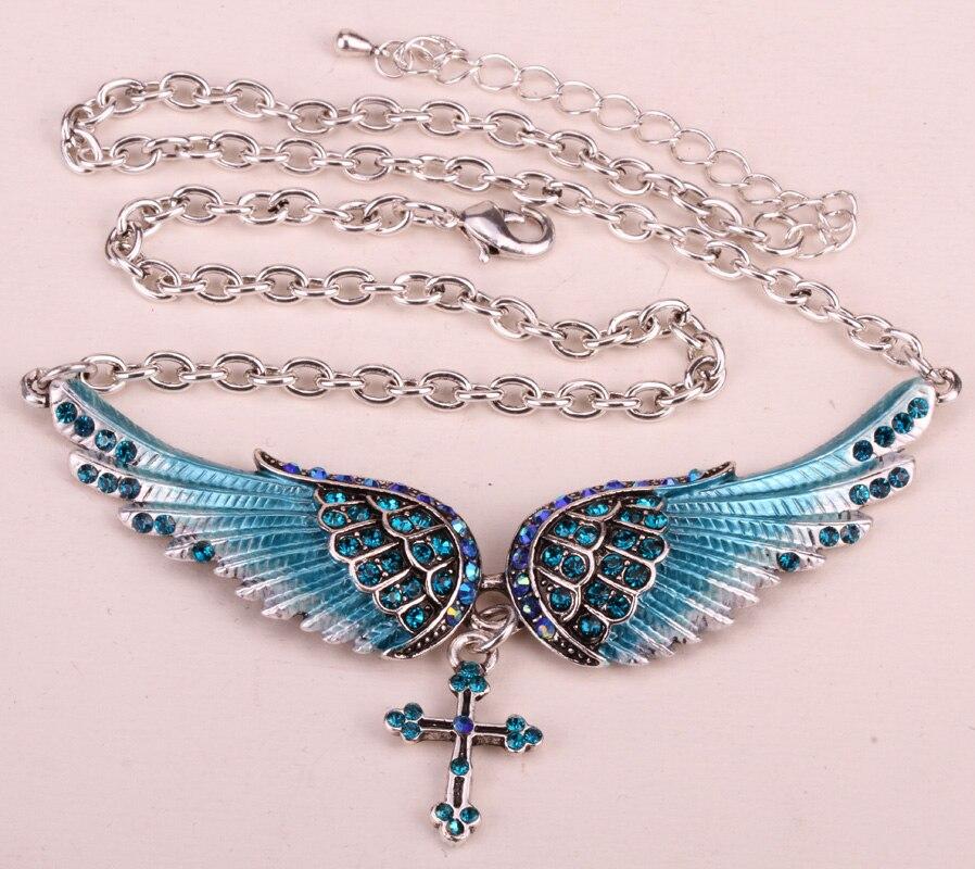 Angel wing cross necklace and bracelet set for women, featuring intricate designs in zinc alloy and crystal accents, perfect for biker jewelry lovers.