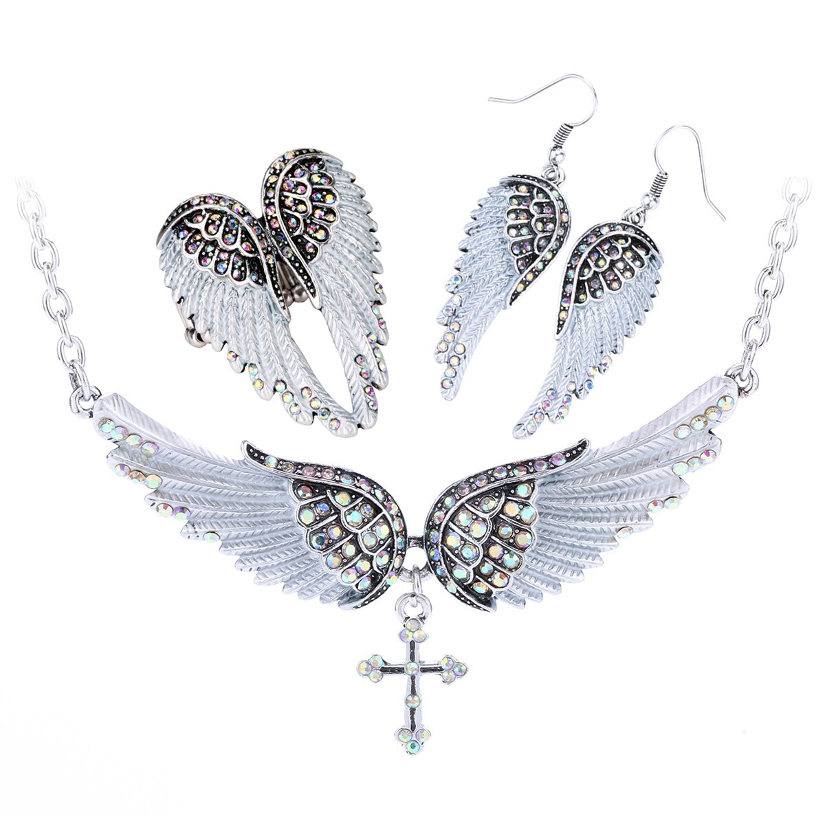 Angel Wing Cross Necklace Earrings Ring Set for women, featuring intricate designs in zinc alloy with crystal accents.