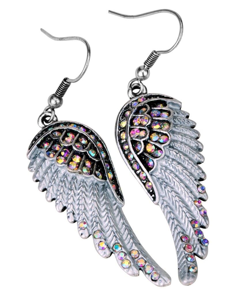 Angel Wing Cross Necklace Earrings Ring Set for women, featuring intricate designs in zinc alloy with crystal accents.