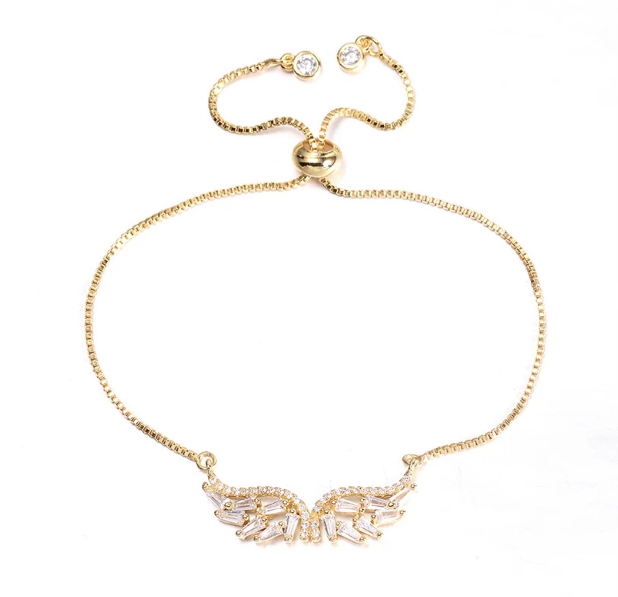 A beautiful Angel Wings Adjustable Bracelet in gold and silver finishes, showcasing intricate wing designs.