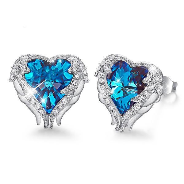 Elegant Angel Wings Sapphire Stud earrings in 18K white gold plating, featuring sparkling sapphire crystals.