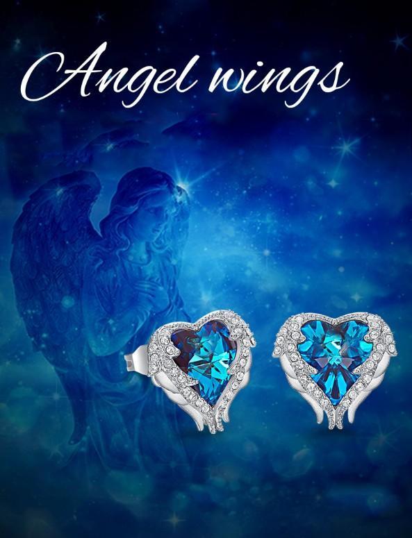 Elegant Angel Wings Sapphire Stud earrings in 18K white gold plating, featuring sparkling sapphire crystals.