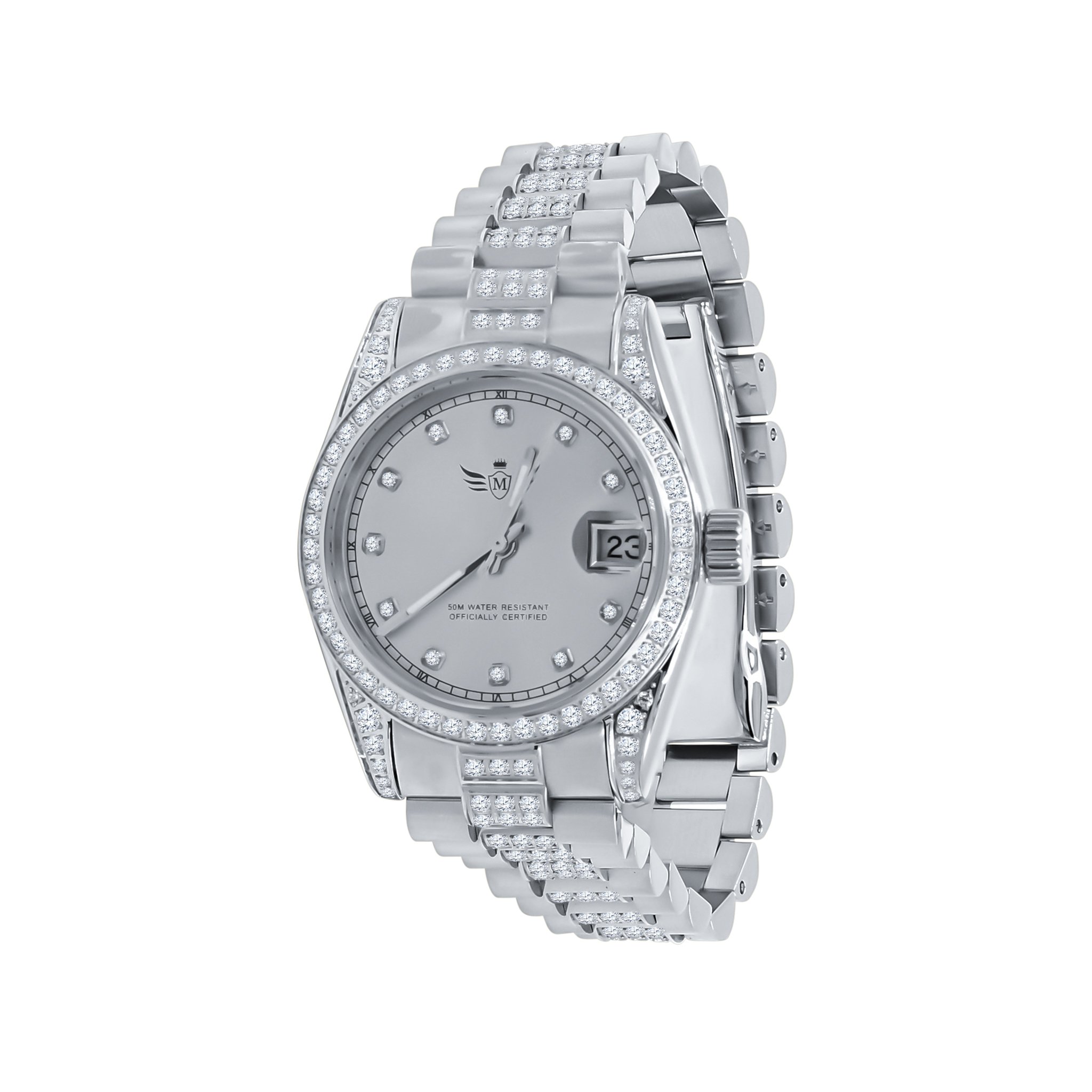 ANGELICA Women Steel Watch featuring a two-toned metal strap with clear CZ stones, perfect for casual and formal wear.