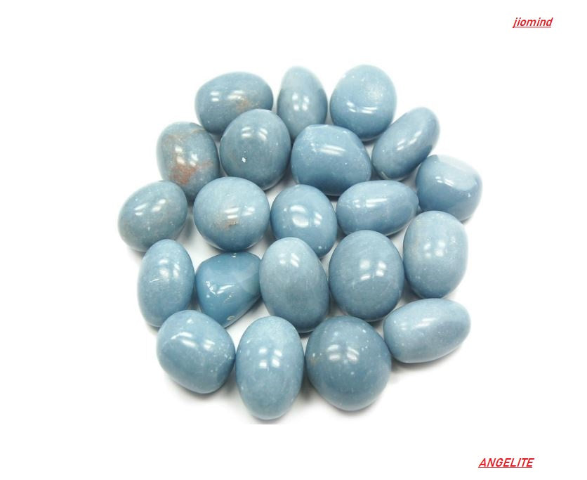 A collection of polished Angelite tumbled stones, showcasing their smooth surface and calming blue color, perfect for meditation and spiritual practices.