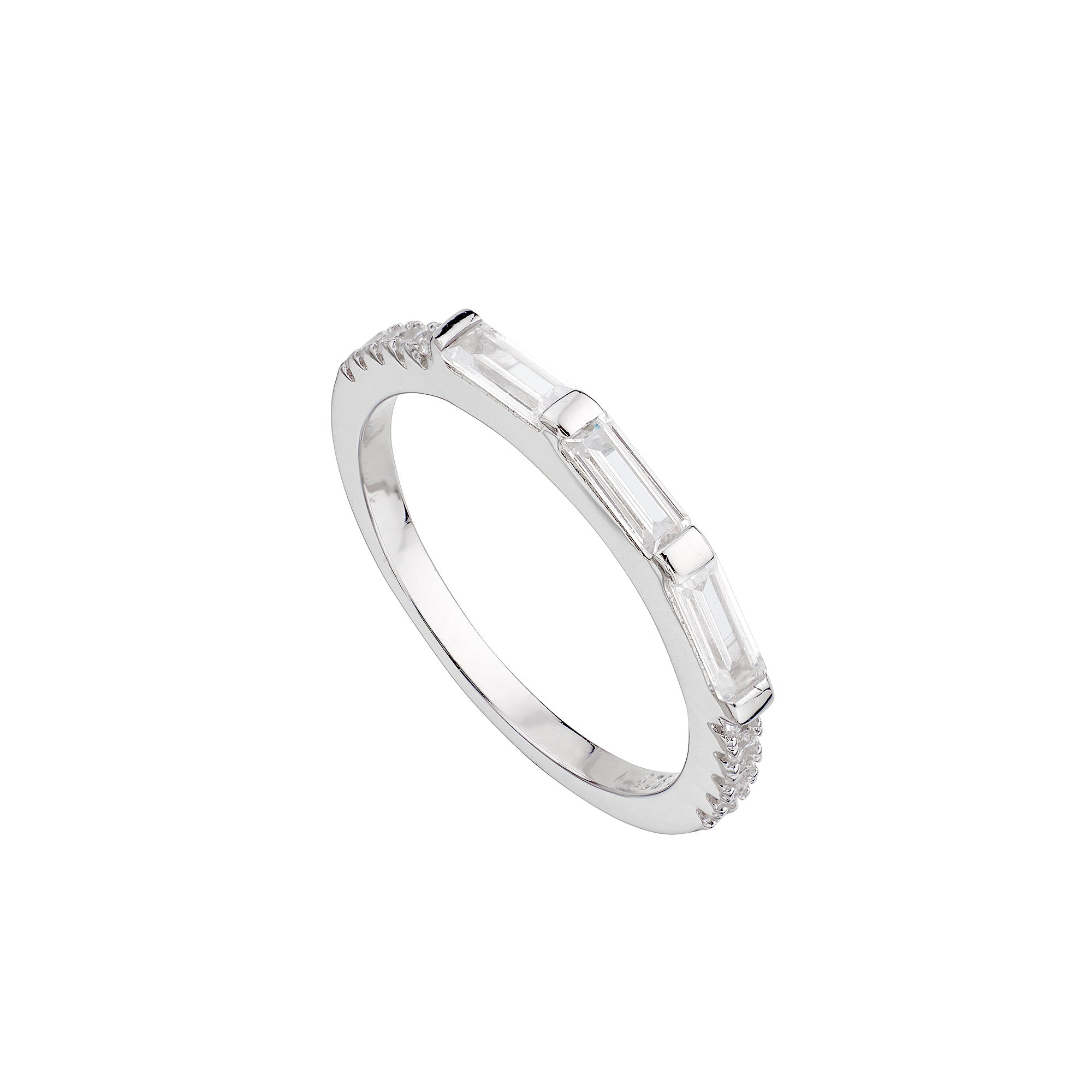 Anillo Baguette Plata con circonitas blancas brillantes en un diseño elegante y sofisticado.