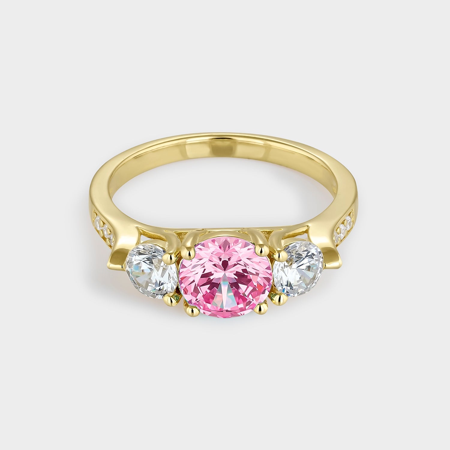 Anillo elegante de plata bañada en oro amarillo con circonitas blancas y rosa, ideal para ocasiones especiales.