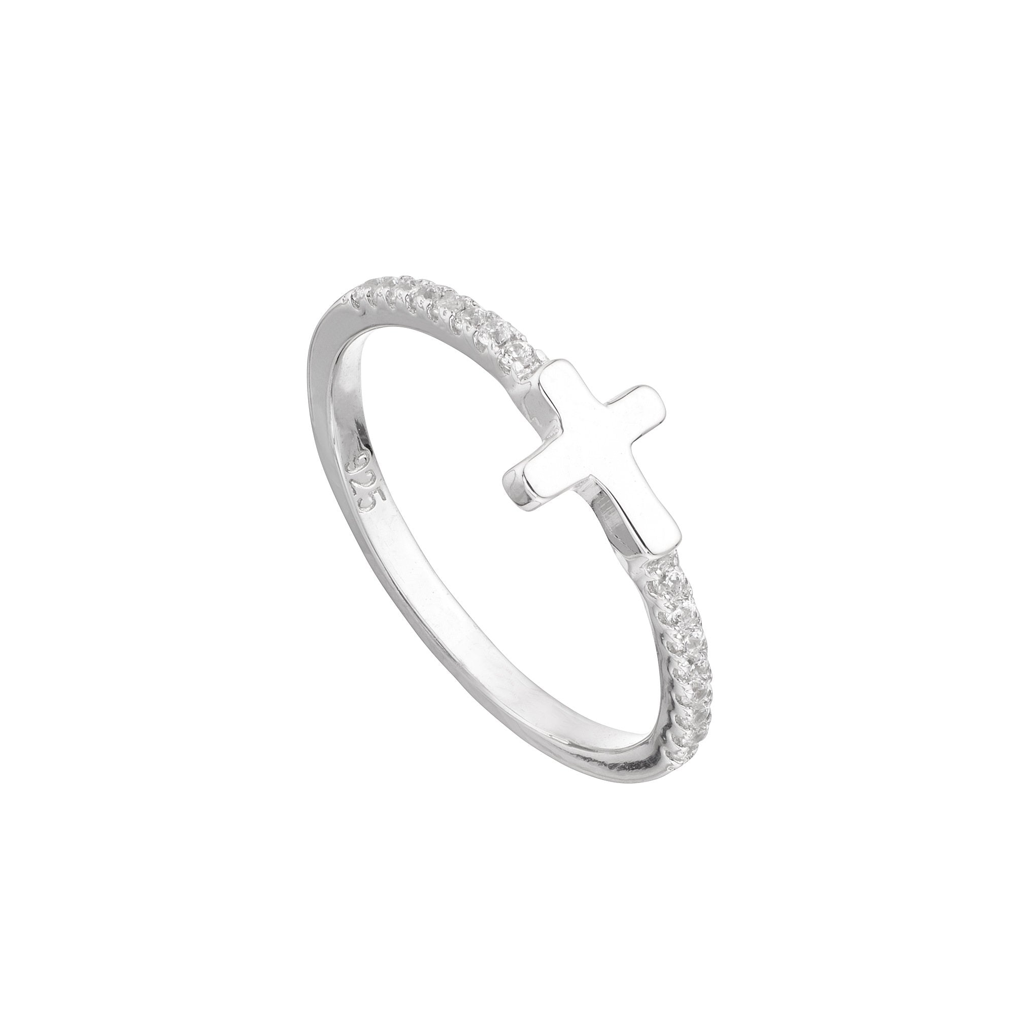 Anillo Cruz Plata con circonitas brillantes y diseño de cruz, elegante y significativo, ideal para cualquier colección de joyas.