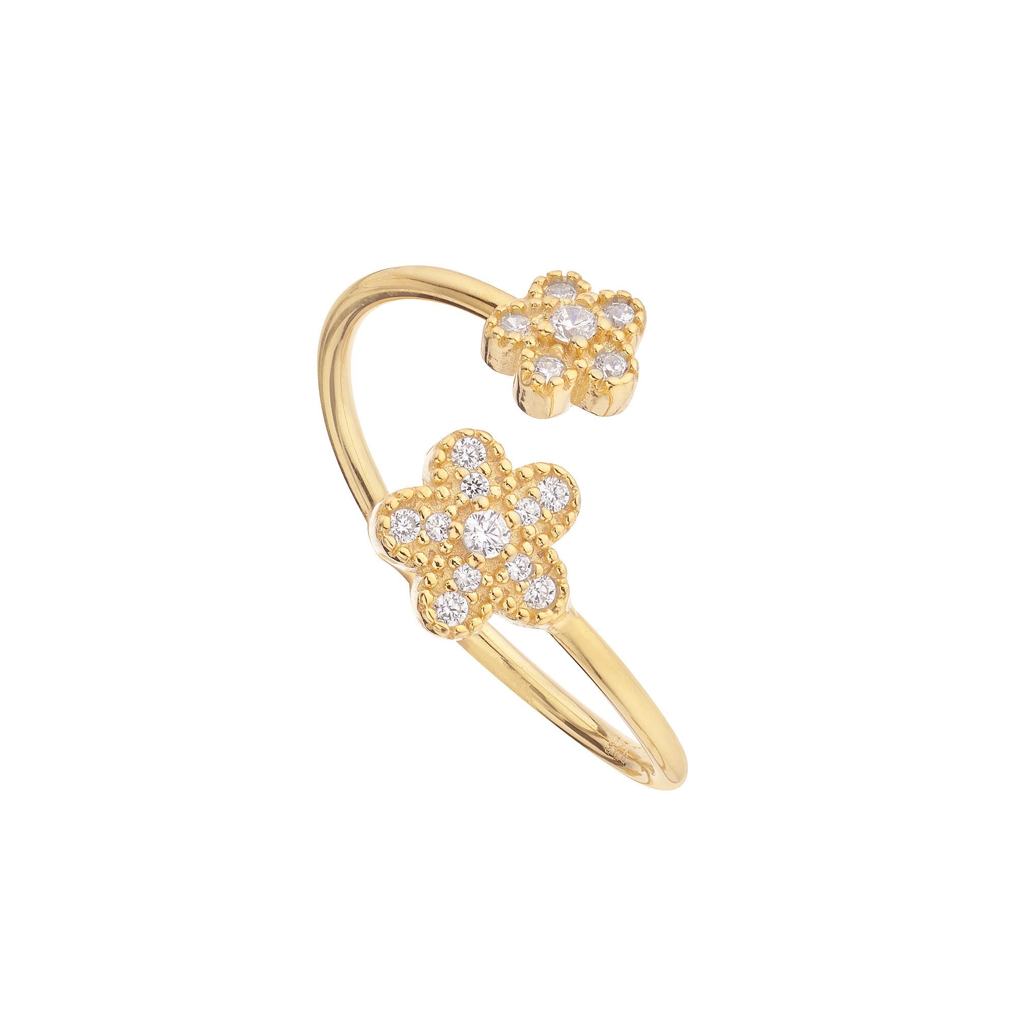 Anillo Flor Bañado en Oro con diseño floral y circonitas brillantes, ideal para ocasiones elegantes.