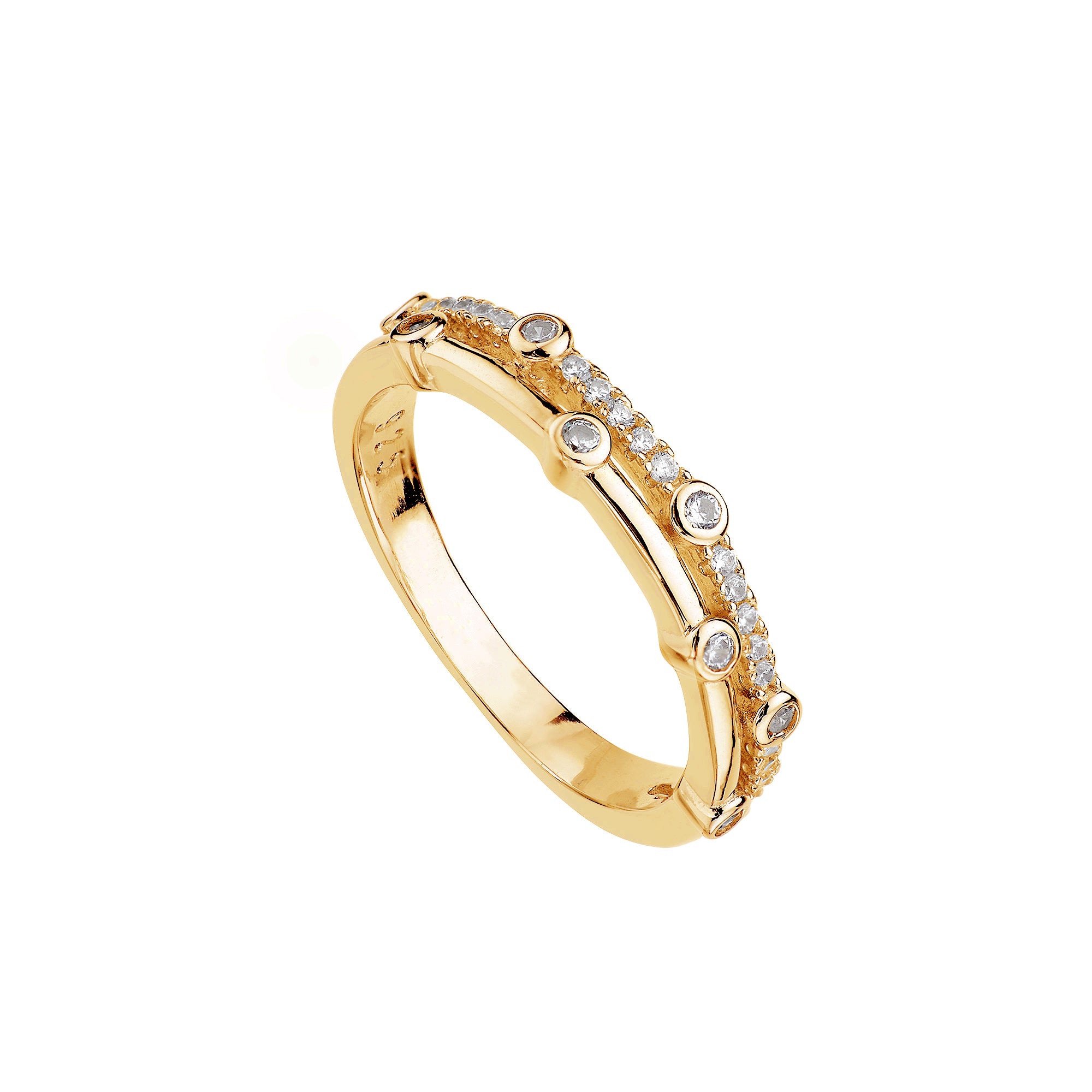 Anillo Galáctico Bañado en Oro con diseño de doble aro y circonitas brillantes, elaborado en plata de ley y chapado en oro amarillo.