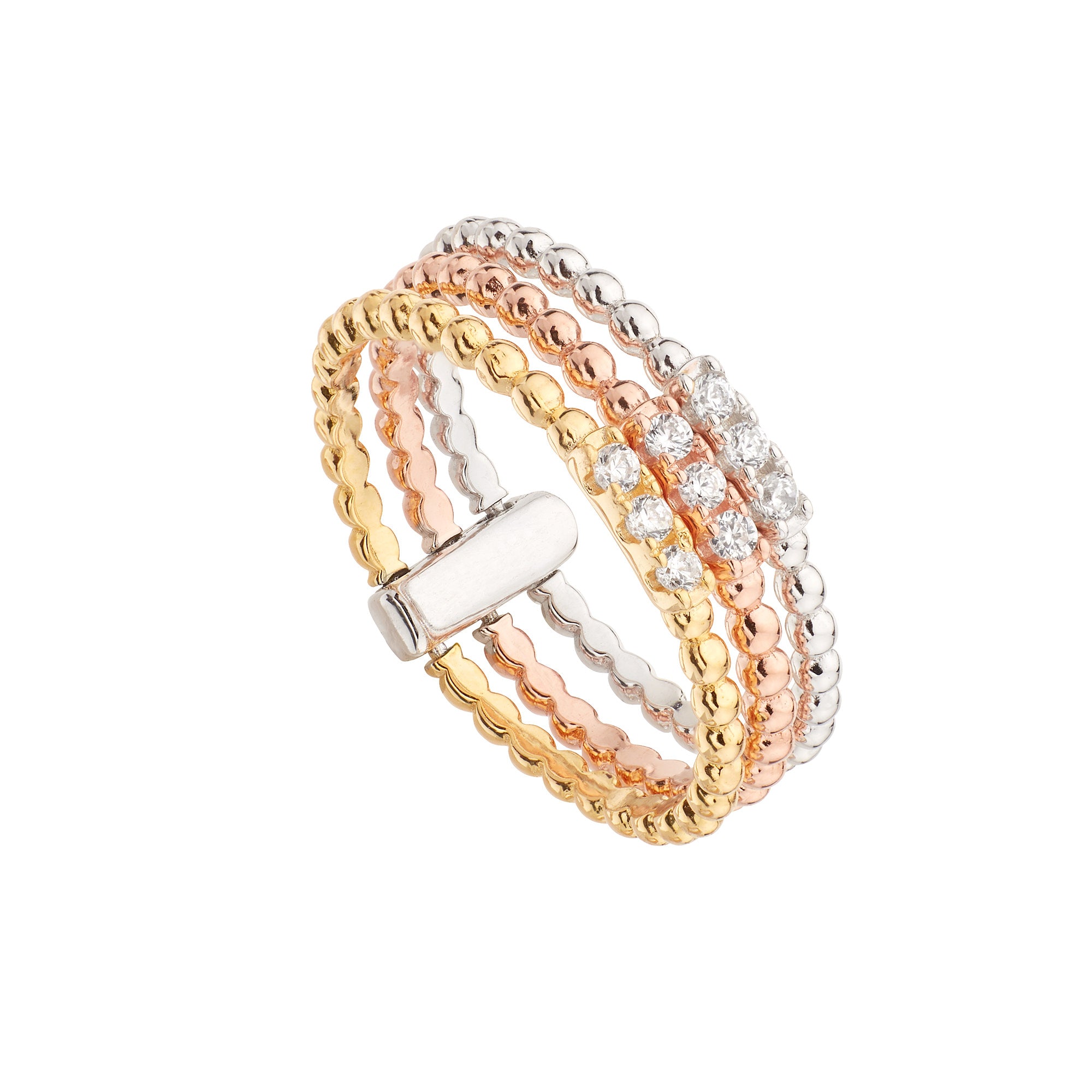 Anillo tricolor Urban de plata de ley con acabados en plata, oro rosado y amarillo, adornado con circonitas blancas y bolas tricolor.