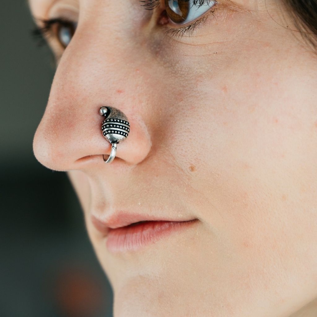 Antique Quality Oxidised Non Pierced Clip On Boho Asian Nose Ring made from oxidised German silver, showcasing intricate craftsmanship and adjustable design.