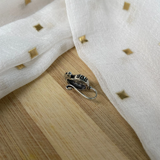 Antique Quality Oxidised Non Pierced Clip On Boho Asian Nose Ring made from oxidised German silver, showcasing intricate craftsmanship and adjustable design.