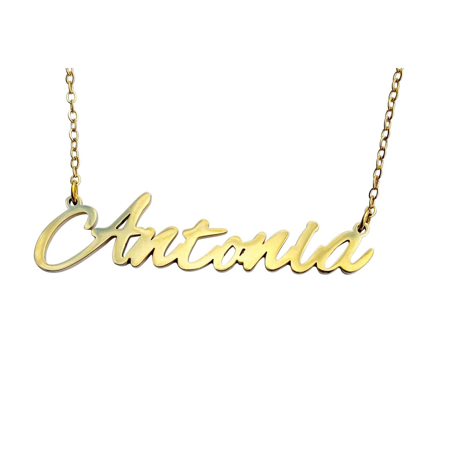 Antonia Name Necklace featuring stainless steel with gold plating, adjustable chain, personalized name design.