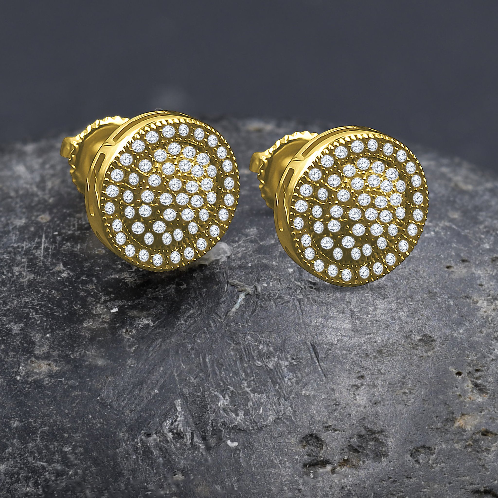 Annular Screw Back earrings featuring circular design with sparkling cubic zircon stones set in brass copper metal.