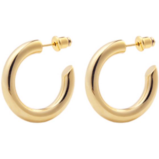 Anya Mini Hoop earrings in 18K gold plated stainless steel with a chic open hoop design, showcasing their elegant cylindrical shape.