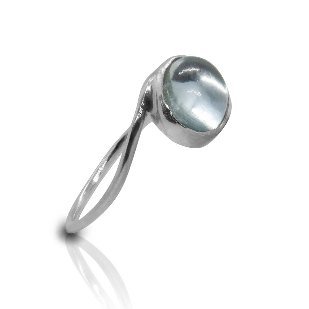 Aquamarine Oval Twist Sterling Silver Ring featuring a green-blue oval cabochon aquamarine set in a sleek 925 sterling silver band.