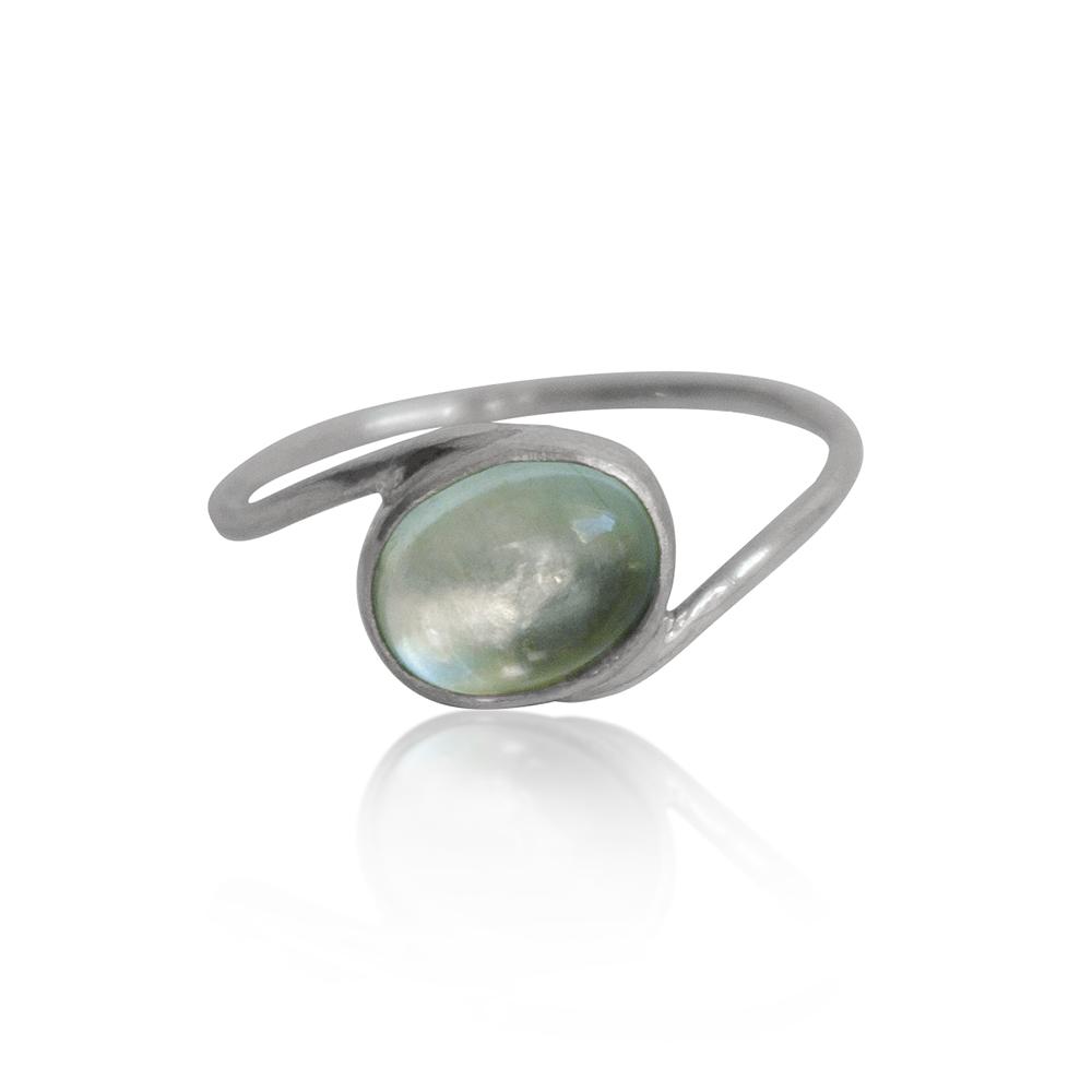 Aquamarine Oval Twist Sterling Silver Ring featuring a green-blue oval cabochon aquamarine set in a sleek 925 sterling silver band.